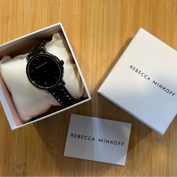 REBECCA MINKOFF WATCH WITH 36mm BLACK FACE WITH BLACK LEATHER BAND